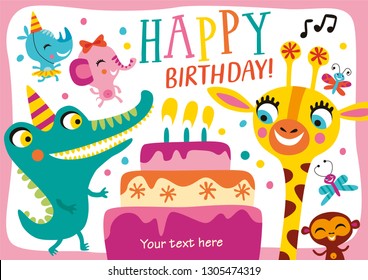 Happy birthday. Template with cute animals in childish style for designing own posters and invitation cards. Vector isolated illustration. 