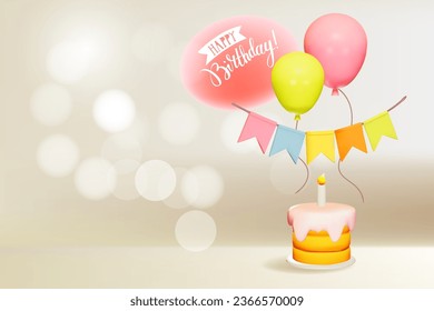 Happy birthday template design with balloons, cake and flags. 3d vector illustration with space for text.