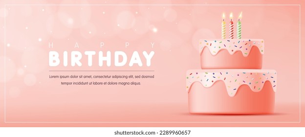 Feliz diseño de plantillas de cumpleaños. Tarjeta de bienvenida de cumpleaños con pastel lindo 3D y luz de bokeh sobre fondo rosa para boda, San Valentín, fiesta de cumpleaños, banner, volante, publicidad. Ilustración vectorial