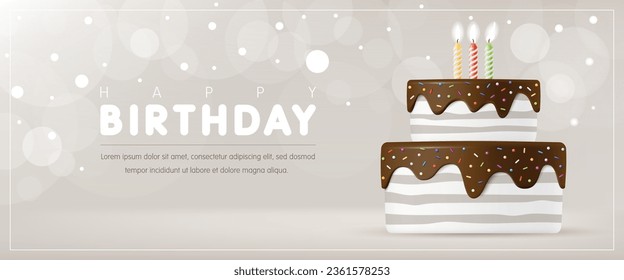 Happy birthday template design. Birthday greeting card with 3D cute chocolate cake on bokeh light and grey background for birthday party, event, Banner, flyer, advertising. Vector Illustration.