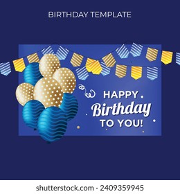 happy birthday template design with stripes balloons and confetti