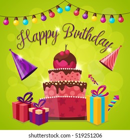 Happy birthday template with gift boxes and party hats cake and lights on green background vector illustration
