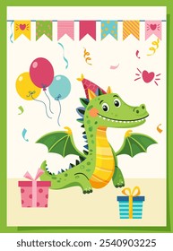 Happy Birthday template, invitation with little cute cartoon dragon, balloons, gifts. Colorful children's illustrations. Vector design for kids.