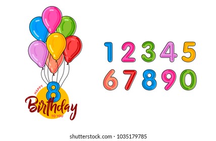 Happy Birthday template, set of graphic elements, balloons and all numbers, colorful