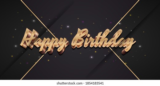 Happy birthday text in 3d gold style with elegant black background and sparkling light