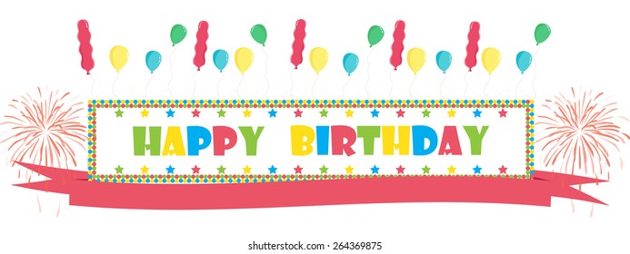 happy birthday text with balloon and fireworks Greeting Card banner