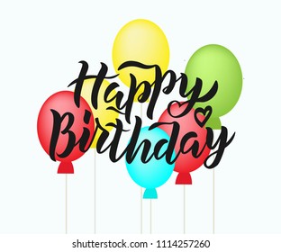 Happy Birthday text with balloons as badge, tag, icon, celebration card, invitation, postcard, banner template. Holiday hand lettering typography poster. Vector illustration.
