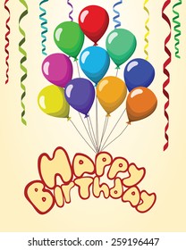 Happy birthday Text balloons ribbons pastel background.