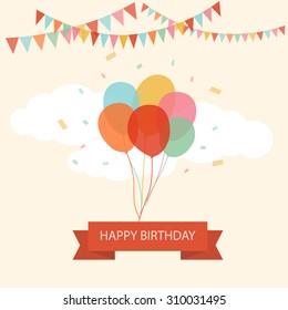 Happy birthday text box, Color balloon with cloud background.