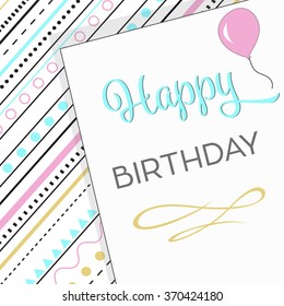 Happy birthday text card vector illustration over geometric pattern  background.