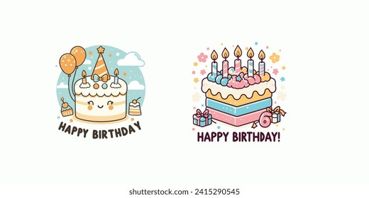Happy birthday text with celebrating elements like cake, balloons and sprinkles for birth day celebration greeting card decoration. Vector illustration