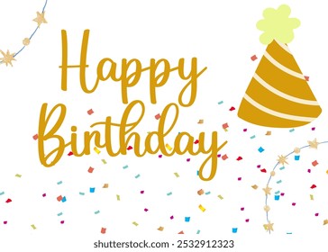 Happy Birthday Text with Colorful Sprinkles, Cap Graphic, and Border Design, Fun and Festive Typography, Perfect for Cards and Decorations, Celebrate with Joy and Create a Colorful Atmosphere.