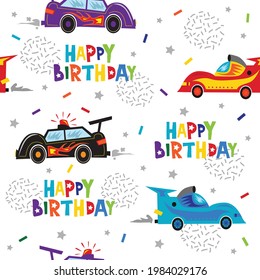 happy birthday text with colorful super cars for party invitation and any decoration