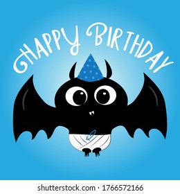Happy Birthday text with cute baby bat. Good for greeting and invitation card, poster, banner, textile print and gift design.