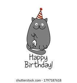 Happy Birthday text with cute cat with dead white mouse - funny quote design with gray cat. Kitten calligraphy sign for print. Cute cat poster with lettering, good for t shirts, gifts, mugs. 