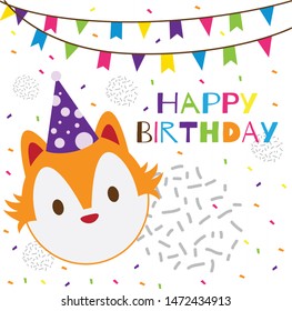 happy birthday text with cute head fox