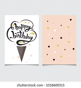 Happy Birthday text design in the form of ice cream. Fashion trendy illustration with lettering, stars and dots texture. Vector set for a poster, cards, invitation. Happy Birthday party design.
