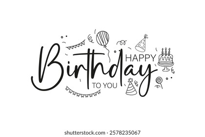 Happy Birthday text design Greeting Illustration with Cake, Gifts, and Party Decorations