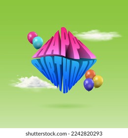 Happy Birthday text design vector with square shape. balloon and cloud decoration. levitating 3d illustration	