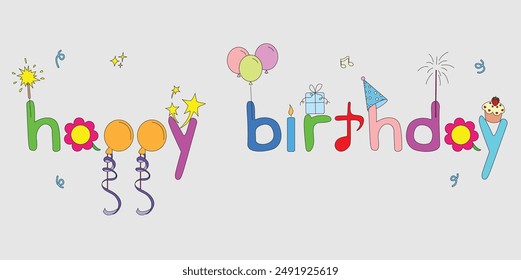 Happy birthday text with a funny set of birthday party elements and symbols for background design or greeting postcard 