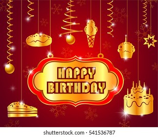 happy birthday with text glossy gold,label for decoration festive season
