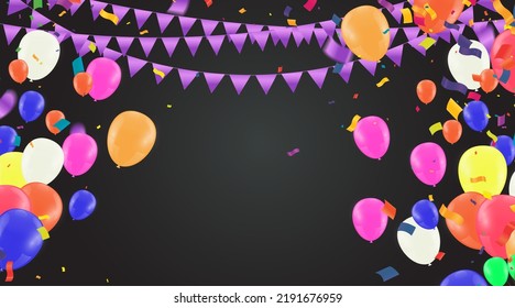 Happy Birthday Text With Golden Confetti Falling and Glitter Particles, Colorful Flying Balloons Seamless Loop Animation for Greeting, Invitation card, Illustration.