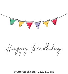 Happy Birthday text. Greeting card vector. Hand drawn line continuous flags garland. Lettering, writing, phrase, quote, slogan. Graphic design, print, banner, wall art, poster, outline postcard.