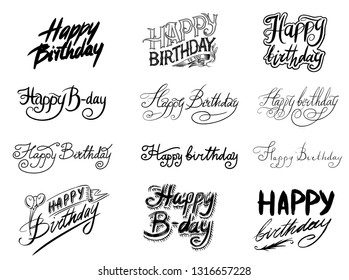 Happy Birthday text. Hand drawn lettering. Collection of grunge Elements. Typography Brush. Set of Illustration for banner, poster and greeting card