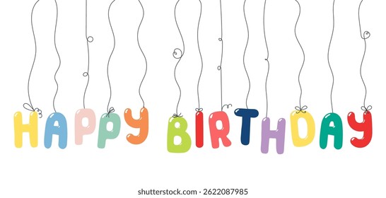 Happy Birthday text, letter shaped balloons hanging, festive decorations, garland, isolated vector illustration on transparent. Holiday party, celebration, anniversary card, banner design element