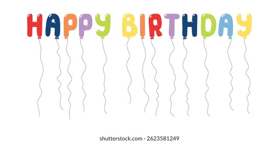 Happy Birthday text, letter shaped balloons flying, festive decorations, garland, isolated vector illustration on transparent. Holiday party, celebration, anniversary card, banner design element