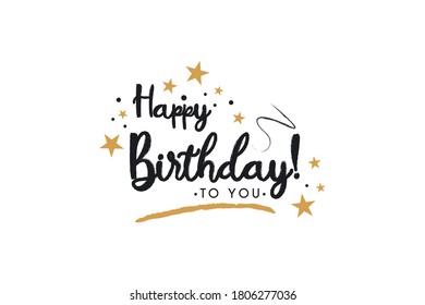 Happy Birthday text. Lettering calligraphy with gold stars ornament isolated on white background. Greeting Card Vector Illustration.