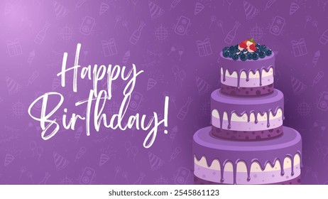 Texto de feliz cumpleaños con fuente de pincel moderno en Ilustración vectorial. Deseo de cumpleaños con celebración de pastel.
