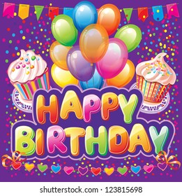 Happy birthday text on background with party element