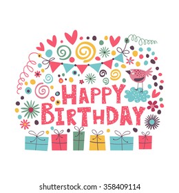 Happy Birthday text on a bright background with balloons, serpentine, bird, gifts and flowers.