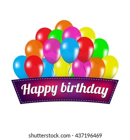 Happy birthday text on decorative banner with colorful glossy balloons.