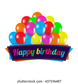 Happy birthday text on decorative banner with colorful glossy balloons.