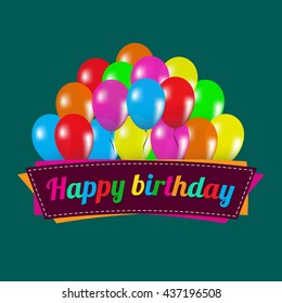 Happy birthday text on decorative banner with colorful glossy balloons.