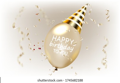 Happy birthday text  on golden balloon. Vector banner design. Vector illustration