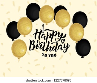 Happy Birthday text on textured background with balloons as icon, celebration card, invitation, postcard, banner template. Holiday hand lettering typography poster. Vector illustration.