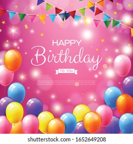 Happy birthday text with a realistic balloon, Vector illustration celebration balloon with a colorful flag, Anniversary birthday light and glittering background