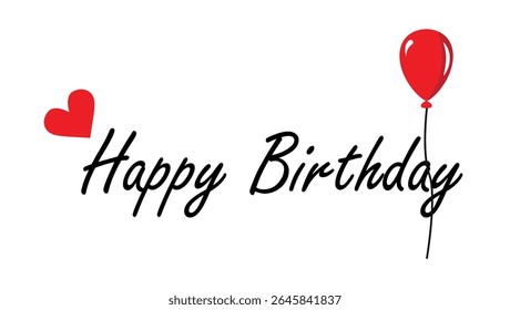 happy birthday text with red heart and balloon illustration on white background	
