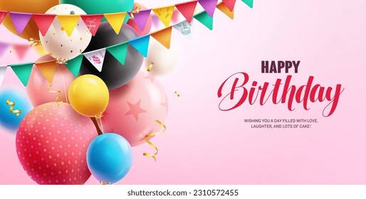 Happy birthday text set vector design. Birthday decoration with colorful balloons and pennants in pink background. Vector illustration invitation card.