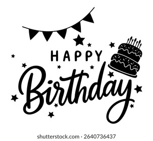 Happy Birthday text sign with cake, stars, candles, black color, vector illustration.