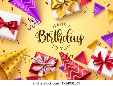 Happy Birthday Text Vector Background Design. Birthday Typography In Yellow Background With Colorful Party Elements And Gifts For Greeting Card Decoration. Vector Illustration