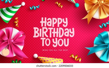 Happy birthday text vector background design. Birthday typography in empty space with gift box, hat and confetti for party elements  decoration. Vector Illustration.