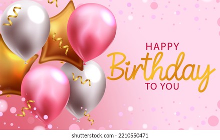 Happy birthday text vector background design. Birthday balloons party elements decoration in pink empty space for invitation card message. Vector Illustration. 