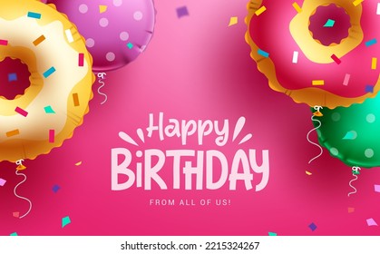 Happy birthday text vector background design. Birthday doughnut balloons floating element decoration for greeting card invitation. Vector Illustration.