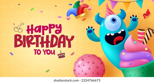 Diseño de fondo de vector de texto de cumpleaños feliz. Saludo de cumpleaños con un personaje monstruo feliz y elementos de fiesta. Diseño de invitación de ilustración vectorial.