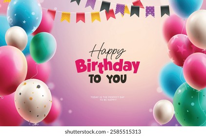 Happy birthday text vector background design. Birthday flying balloons and hanging pennants party elements. Vector illustration greeting and dedication card.
