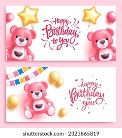 Happy birthday text vector banner set. Birthday party gift elements like teddy bear and balloons present. Vector illustration invitation card lay out collection. 